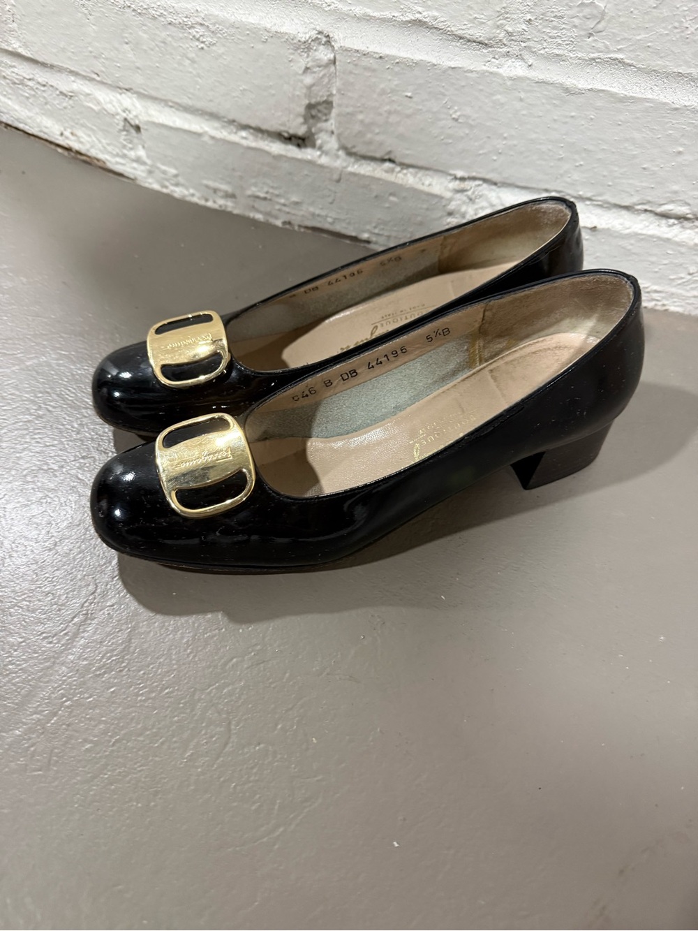 Ferragamo Black Patent Leather Block Heel Pumps with Gold Buckle